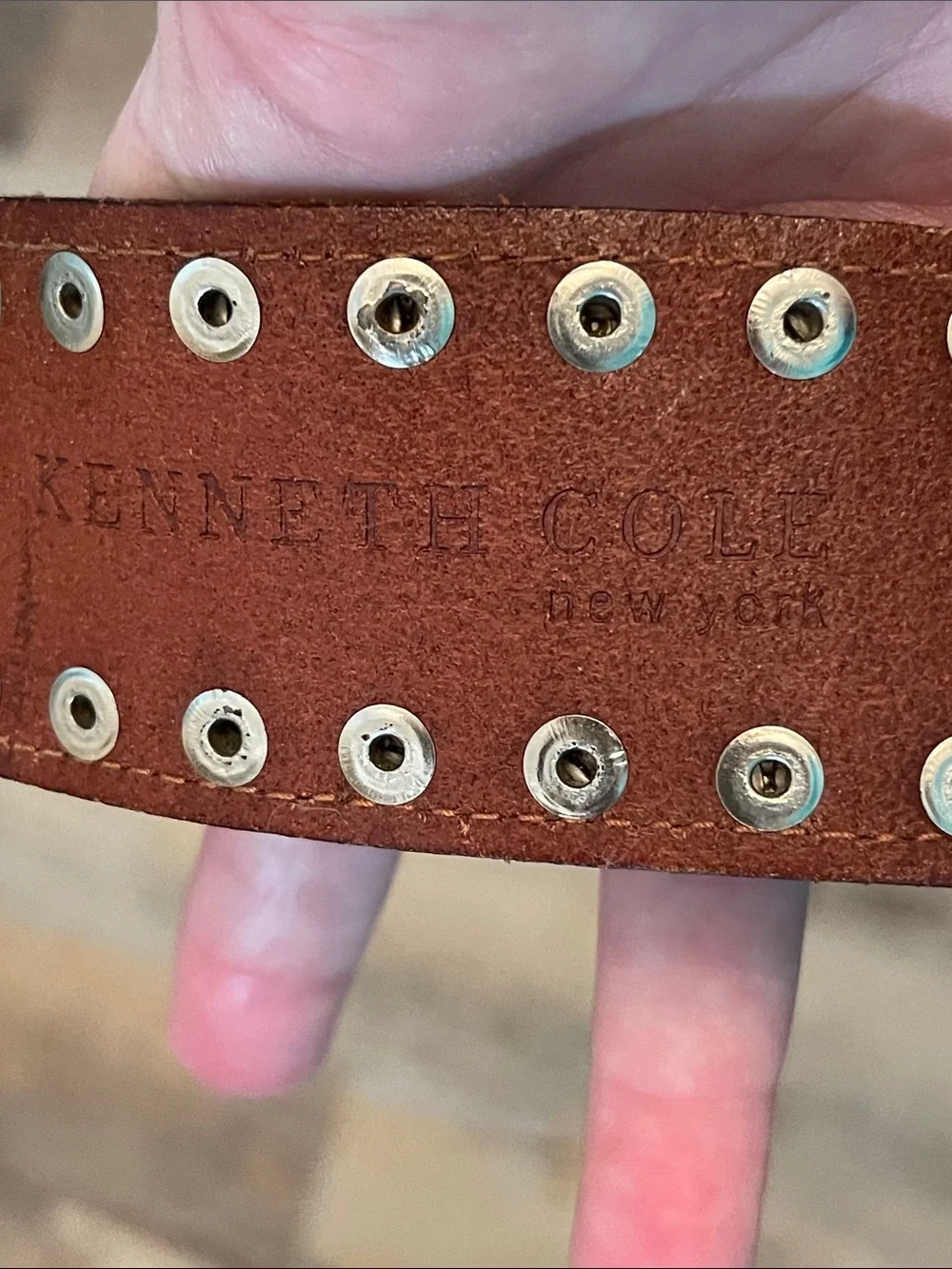 Kenneth Cole Brown Leather Studded Belt with Silver Buckle